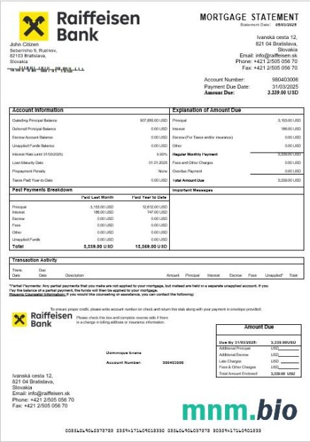 Słowacja Raiffeisen Bank wyciąg z kredytu hipotecznego w formatach Word i PDF